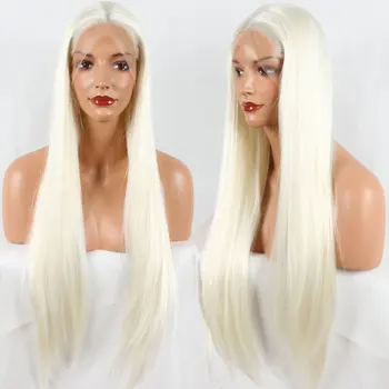

White Long Straight Hand Tied Synthetic 13*3 Lace Front Wigs Heat Resistant Fiber Hair Middle Parting Natural Hairline For Women