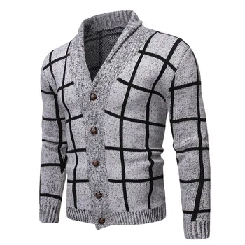 

OLOME Men's Casual Cardigan Sweater V-Neck Plaid Slim Fit Knitwear Autumn Winter Men Thick Sweater Coat 2019 New Style Cardigans