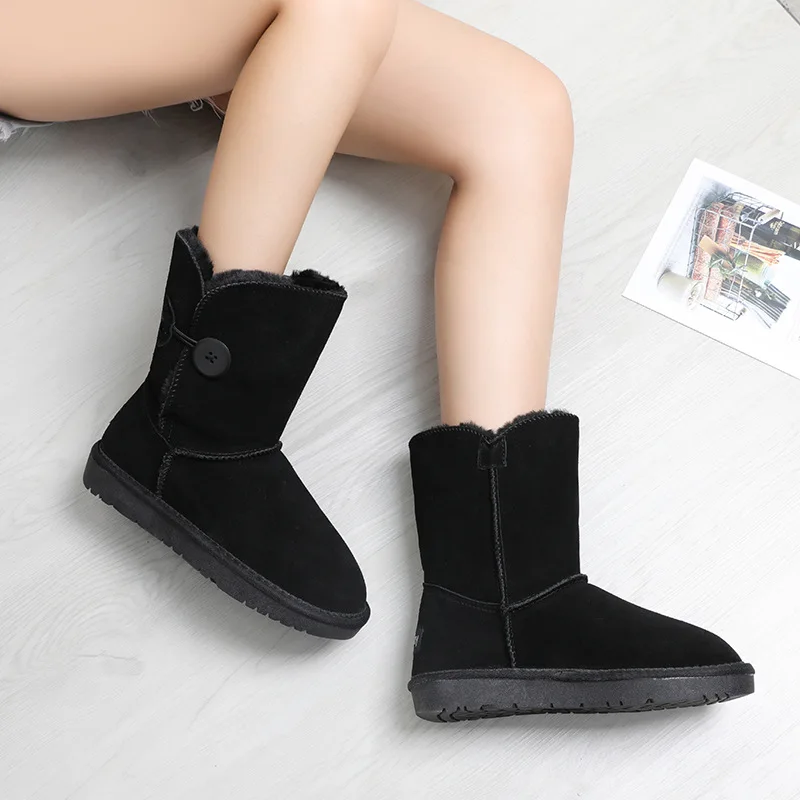 Najtaniej Skórzane buty śniegu kobiet 2019 zima nowa tuba drewniane przycisk pogrubienie ciepłe wodoodporne śnieg bawełniane kobiet