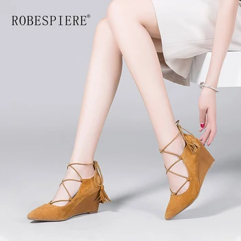 

ROBESPIERE Pumps Women Sexy Pointed Toe Lace Up Wedges Shoes Top Quality Kid Suede Dress Large Size 33-42 Ankle Strap Shoes A120