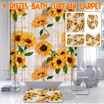 

1/3/4 Pcs Sunflower Printing Shower Curtain Set Non-Slip Rugs Toilet Cover and Bath Mat Waterproof Bathroom Curtains Home Decor