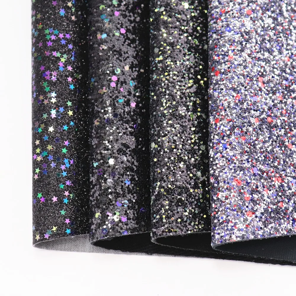 30x134cm Plain Solid Black Fine Chunky Glitter Fabric With Elastic Twill Felt Backing Faux Leather Roll For Bows Earring DT001