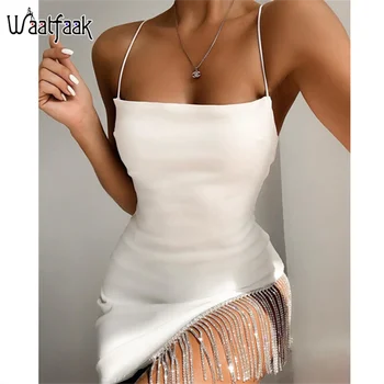

Waatfaak Diamond Patchwork Sleeveless Dress Women White Pink Solid Club Sexy Dresses Mini Party Irregular Hem Summer Spaghetti