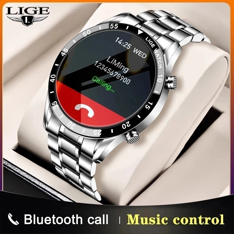LIGE 2021 Full circle touch screen steel Band luxury Bluetooth call Men smart watch Waterproof Sport Activity fitness watch+box