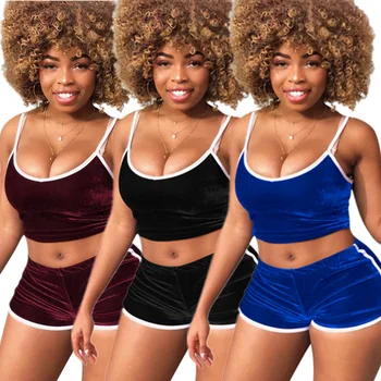 

Velvet Tracksuit Women Two Piece Set Outfits Spaghetti Strap Sleeveless Crop Top and Shorts Suit Velour Tracksuit Matching Sets