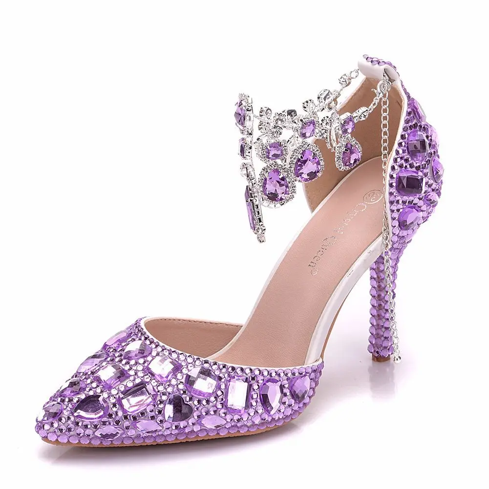 Лидер продаж; женская обувь; туфли-лодочки под платье; фиолетовые туфли на высоком тонком каблуке 9 см с острым носком и ремешком с пряжкой; женская свадебная обувь - Цвет: Лаванда