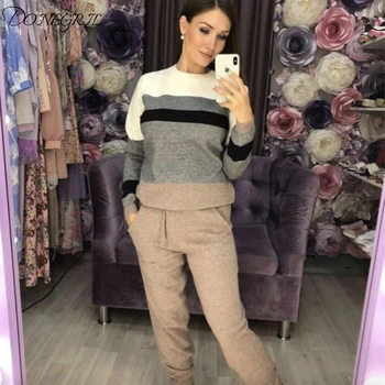 

2019 Splice Color Women Sweater suits Knitted Woman Set Multicolor Striped pullovers & pant 2 piece Sets Womens Tracksuit