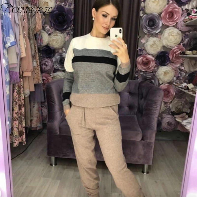 2020 New comfortable Women's sweater suits knitted tracksuit multicolor cut and sew jumper pullovers+pant two piece set outfits | Женская
