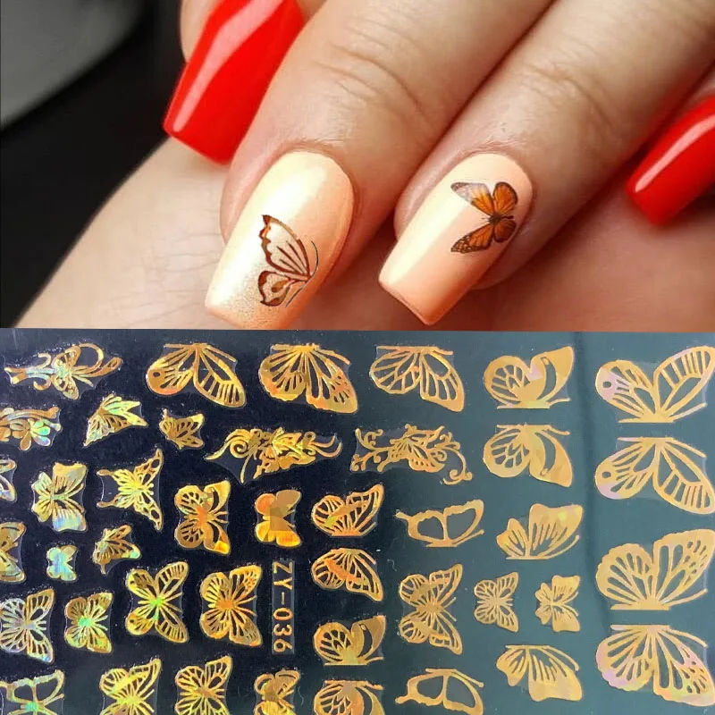 

1 Sheet Nail Art Laser Butterfly Hollowing Design Transfer Sticker Laser Gold Silver Adhensive Decal Nail Art Decoration