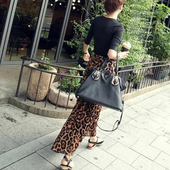 Women Summer Beach Leopard Chiffon Max Skirt Pleated Long Skirt Ladies Elastic Waist Long Skirt DV801