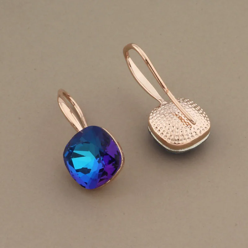 Drop Earrings Women 585 Rose Gold Color Square Blue Wedding Party Jewelry