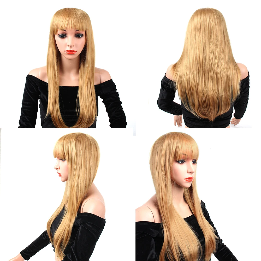 Longas em Linha Sintética com Franja para Afro-americanos Perucas de Cabelo Resistente ao Calor Liangmo Perucas Reta Peruca Fibra Cosplay Sintética 4 High Quality Apliques e perucas