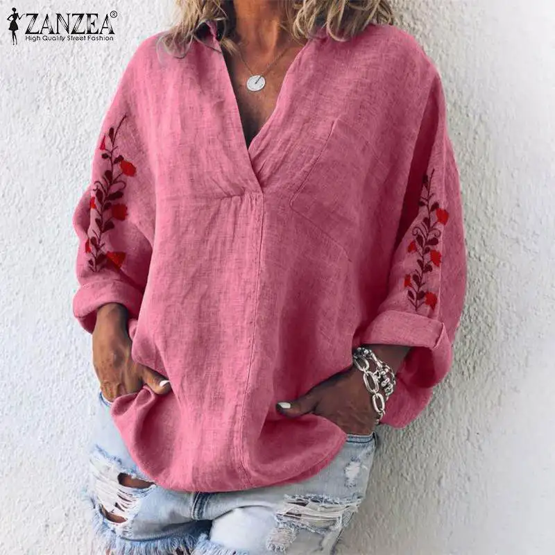 Blusas Top ZANZEA Осенняя женская блузка винтажная вышитая хлопковая рубашка Повседневная v-образный вырез с длинным рукавом Свободная Туника Топы Femme