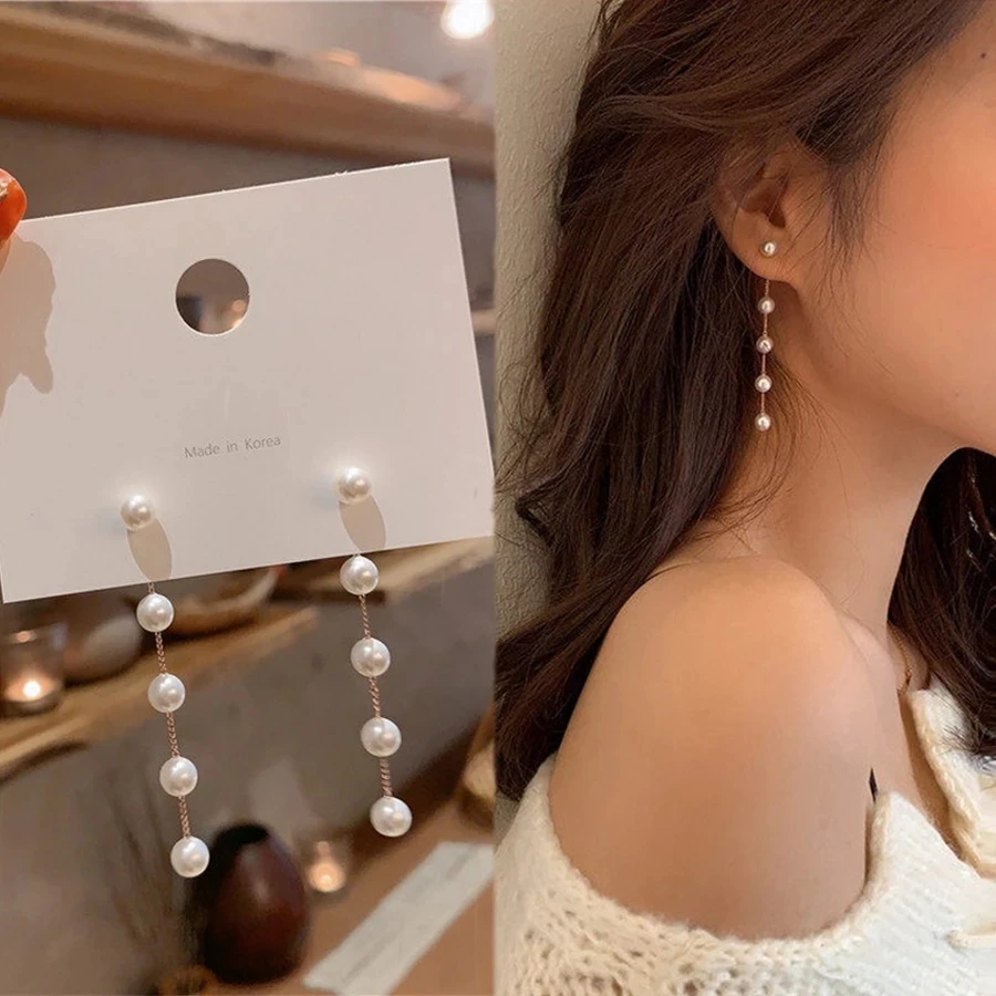 Trend Simulation Pearl Long Earrings Female Moon Star Flower Rhinestone Wedding Pendant Earrings Fashion Korean Jewelry