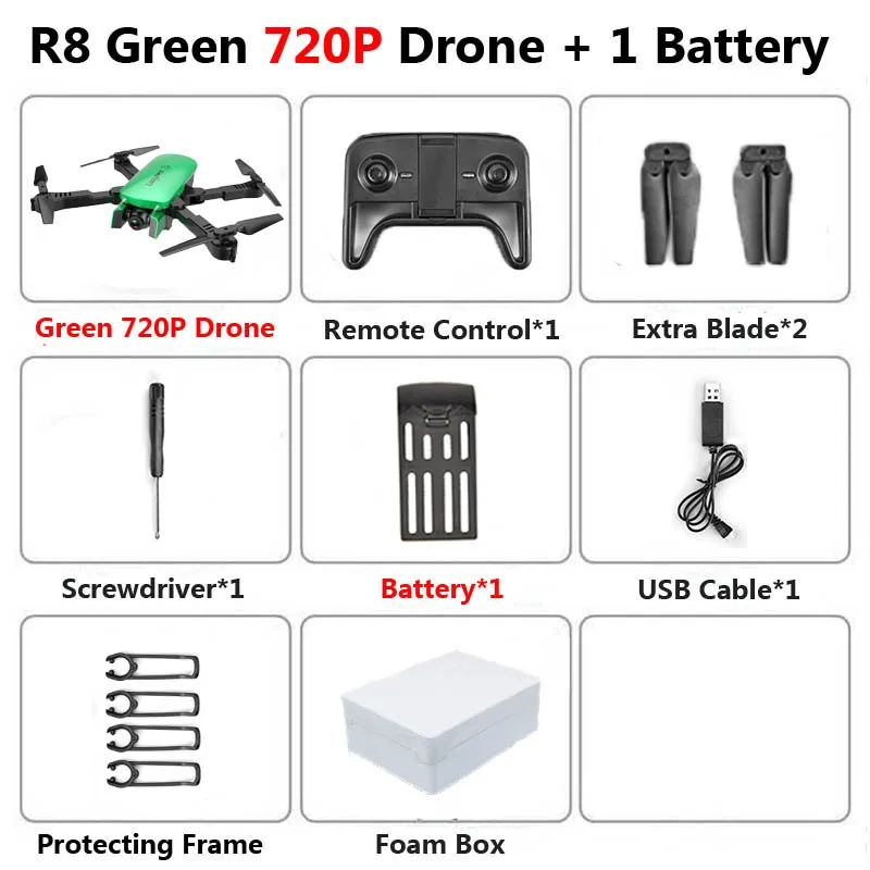 R8 1808 Drone with Dual Camera 1080P 4K PX1600W HD WiFi FPV Optical Flow Automatic Beauty RC Quadcopter Helicopter XS816 SG106 - Цвет: 720P Green 1B FB