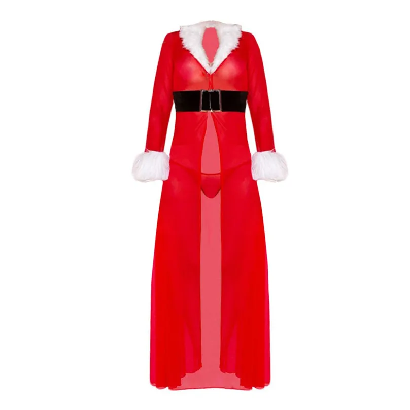 Women Sexy Long Sleeve Christmas Festival Nightdress Robe Lingerie Cardigan Bathrobe + Belt + String Sexy Underwear 3O25 (3)