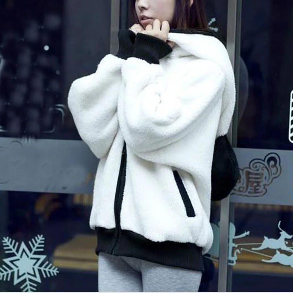 Женские пальто с милыми медвежьими ушками панды, осенне-зимнее теплое плюшевое пальто с капюшоном, Женская куртка с пандой, верхняя одежда, пальто#45