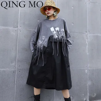 

QING MO Women Irregular Patchwork Dress 2020 Spring And Autumn Women Full Sleeve Mid-Calf Long Dress Plus Size ZQY1233