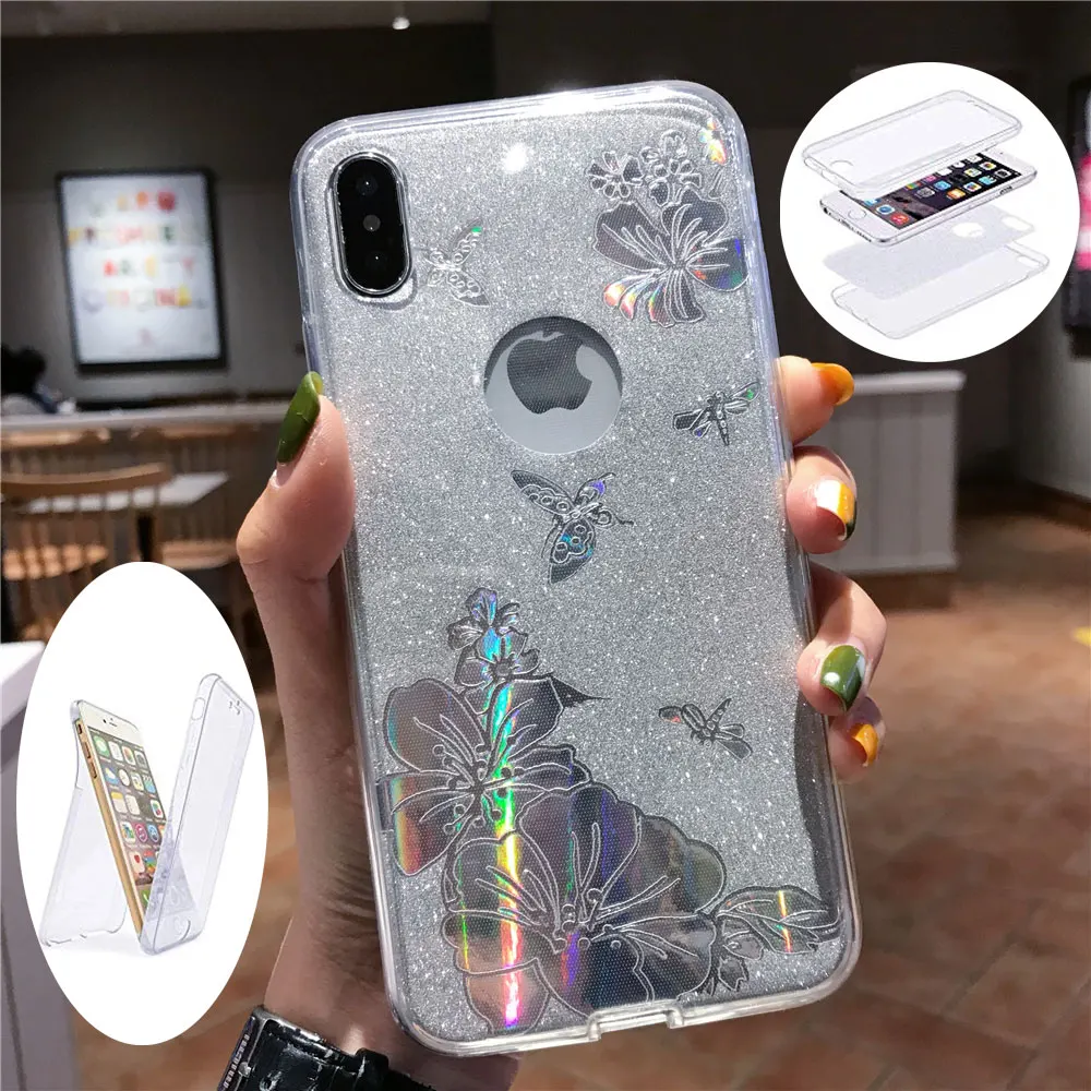 360 Блестящий PC + TPU Передний задний Buterfly чехол с цветком розы для iphone XS MAX XR SE 5 6 6s 7 8