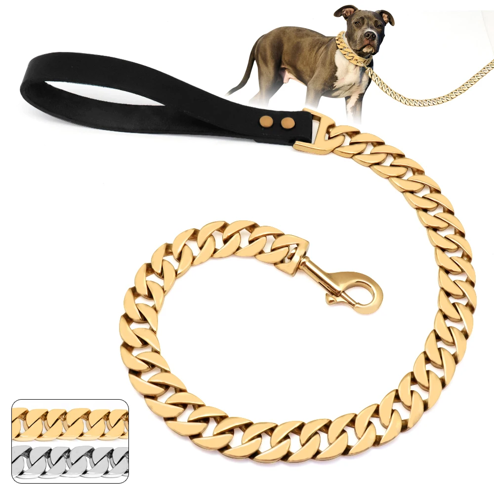 32mm Durable Stainless Steel Dog Chain Leash Collar Strong Pet Dog Gold Silver Chain Lead For Medium Large Dogs Bulldog Pitbull