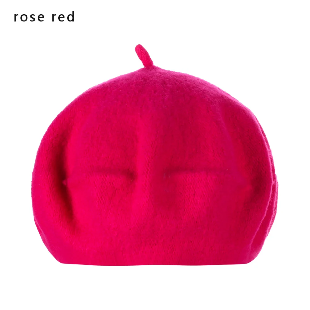 rose red 1 шт., новинка, Модный женский шерстяной берет для девочек, шапка, французский однотонный цвет, фетровые береты, зимняя теплая мешковатая шапочка, Классическая фетровая шапка с тыквой - Цвет: rose red