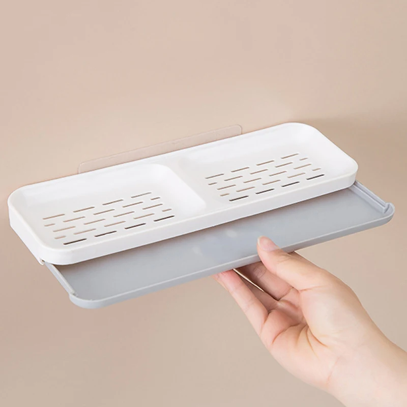 Bathroom Storage Racks Punch-free Double-layer Drain Square Plastic Soap Box Double Grid Soap Holder For Wall-mounted