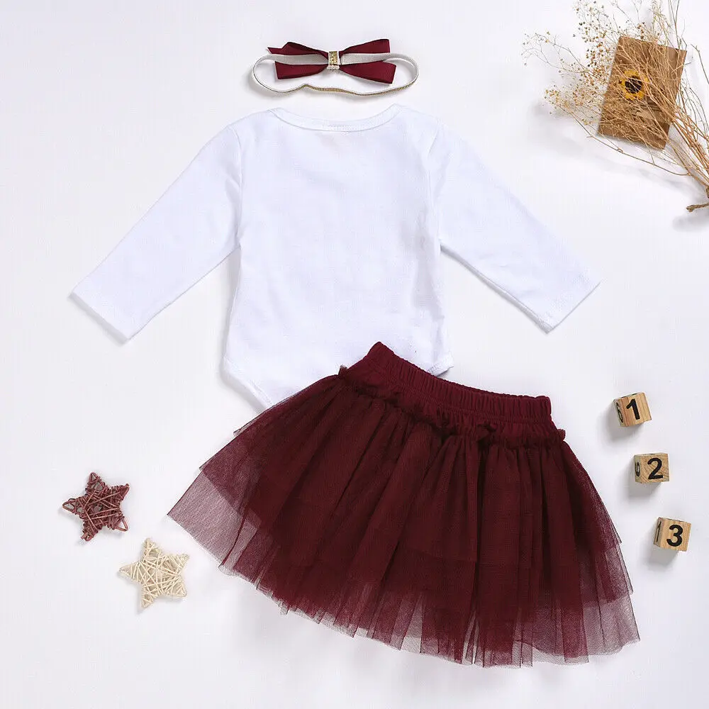My 1st Christmas/комплекты одежды для новорожденных девочек, комбинезон с длинными рукавами и буквенным принтом, юбка-пачка в сеточку, повязка на голову