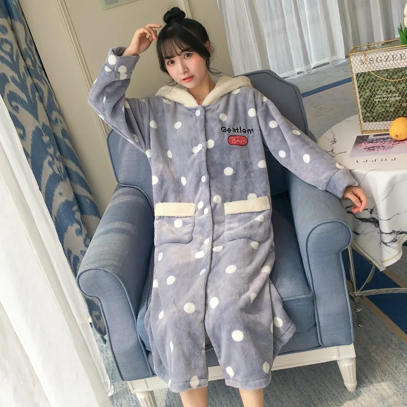 

Coral Velvet Night-robe Women's Winter Korean-style Dotted Pocket Pajamas Cute Flannel Thick Nightgown Bathrobe Tracksuit