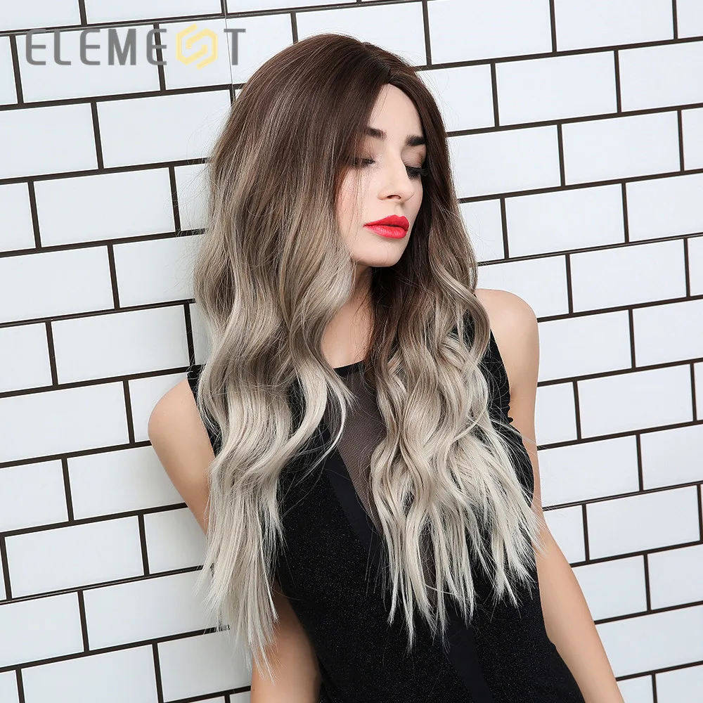 Element Synthetic Dark Root Light Brown Ombre Grey Long Wavy Hair Wigs Center Part Cosplay Costume Wig for White Black Women 5 Element Synthetic Dark Root Light Brown Ombre Grey Long Wavy Hair Wigs Center Part Cosplay Costume Wig for White Black Women 5