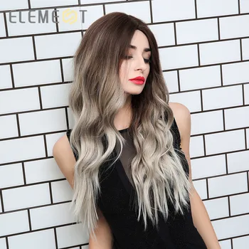 Element Synthetic Dark Root Light Brown Ombre Grey Long Wavy Hair Wigs Center Part Cosplay Costume Wig for White Black Women 5