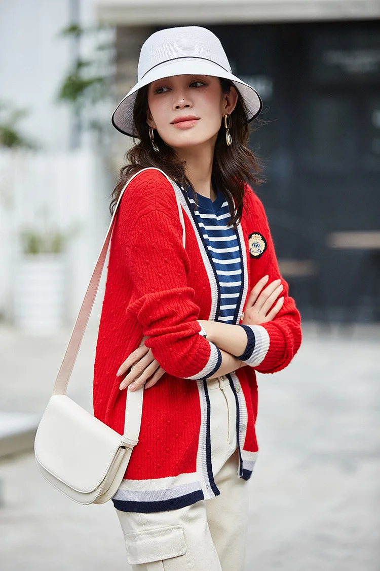 fall Women Autumn Preppy Style Casual Loose Contrast Striped cardigan Wool Knitted Red Sweater jersey mujer sueter damski