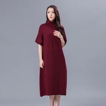 

Women Knitted Turtleneck Long Oversized Sweaters Ladies Wine Red Wool Sweater Elegant Short Sleeve Knitwear Girl Thick Pullovers