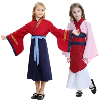 

Mulan Dress For Girl Stage Performance Clothes Children Chinese Traditional Costumes Kids Partial collar Wide sleeves Hafu