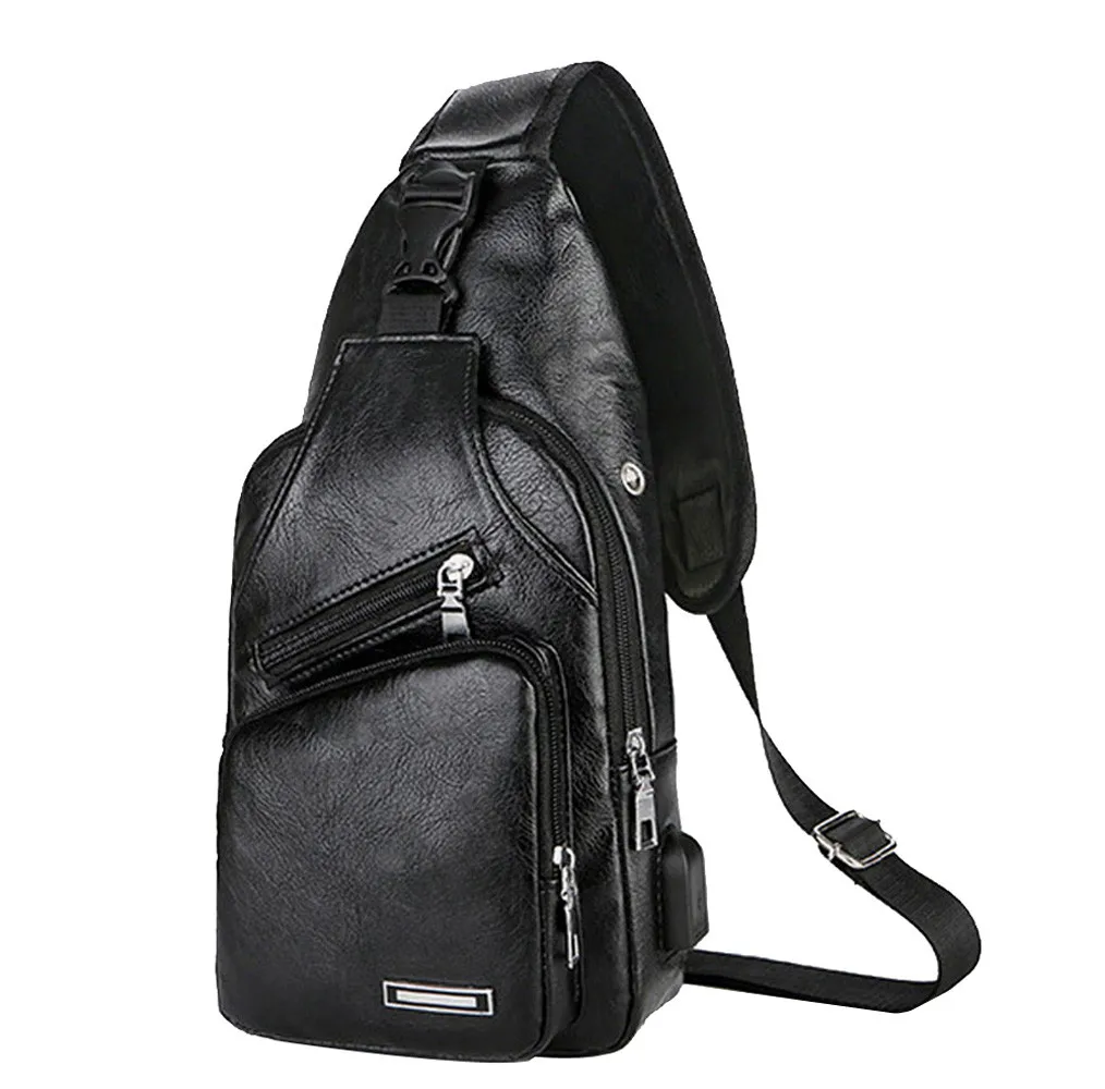 Кожаная мужская сумка через плечо, сумка-мессенджер, мужская сумка через плечо, портативная зарядка через USB, повседневные нагрудные сумки G0910#35 - Цвет: Black