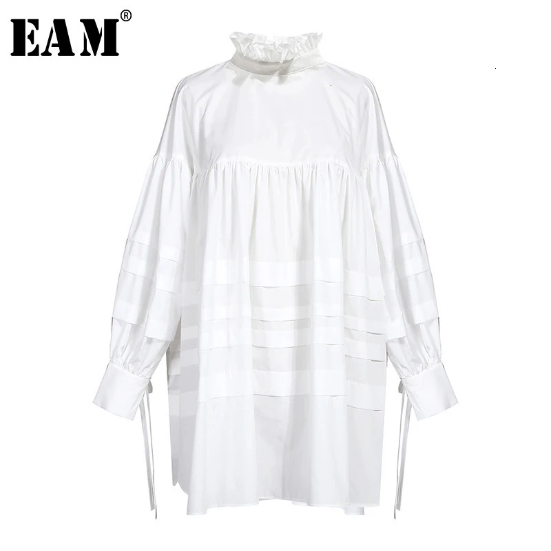  [EAM] Women Ruffles Split Joint Big Size Blouse New Stand Collar Long Sleeve Loose Fit Shirt Fashio