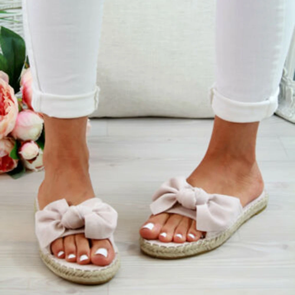 Summer Flat Sandals Bow-Knot Women Sandals Shoes Comfort Retro Anti-Slip Beach Shoes Platform Slide Plus Size Zapatos Mujer