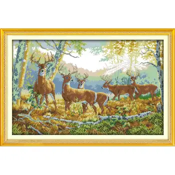 

Joy Sunday Cross Stitch Five Deer In Forest Patterns 14CT 11CT Print Counted Cross Stitch Kit Handmade Embroidery Needlework Set