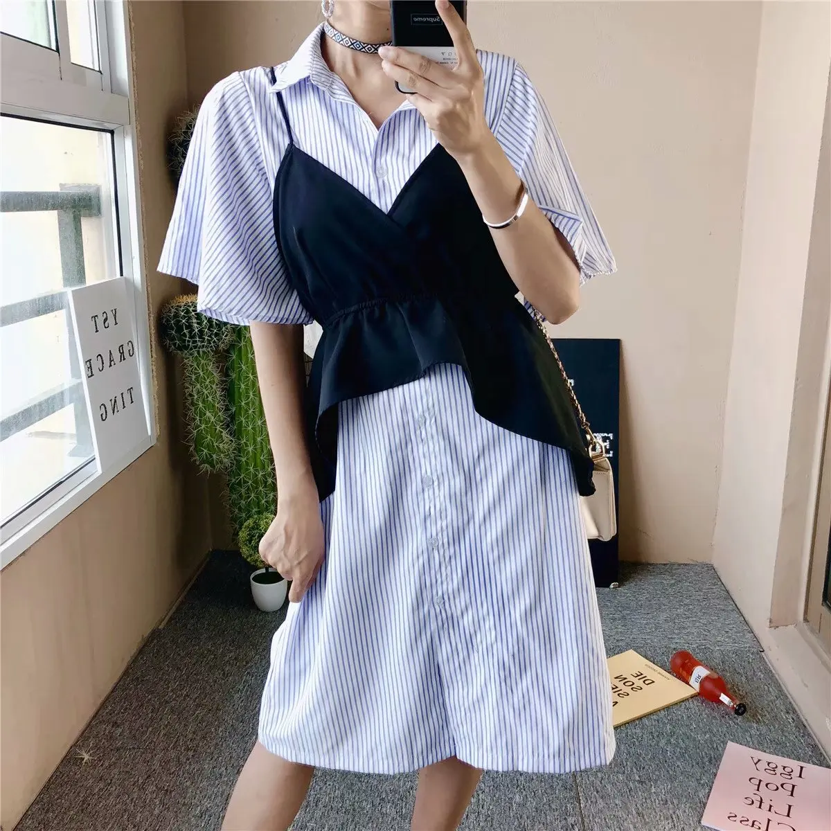 

2018 New Style Spring And Summer Women's Striped Shirt Tops Vest Two-Piece Set Dress Fashion CHIC Korean-Style J8271