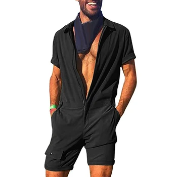 

2020 Summer Fit And Comfortable Men's Jumpsuit Casual Zipper Lapel Short Sleeve Romper One-Piece Jumpsuit Pocket Streetwear