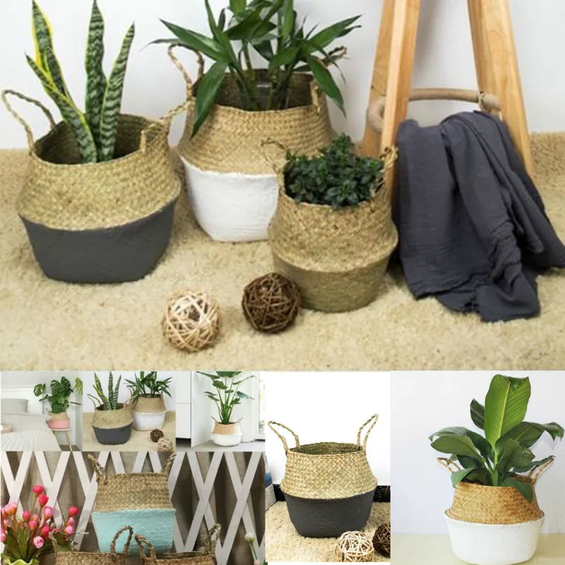 Rattan Straw Basket Wicker Seagrasss Folding Laundry Flower Pot Flower Vase Home Garden Hanging Basket Wedding 12x16x15cm
