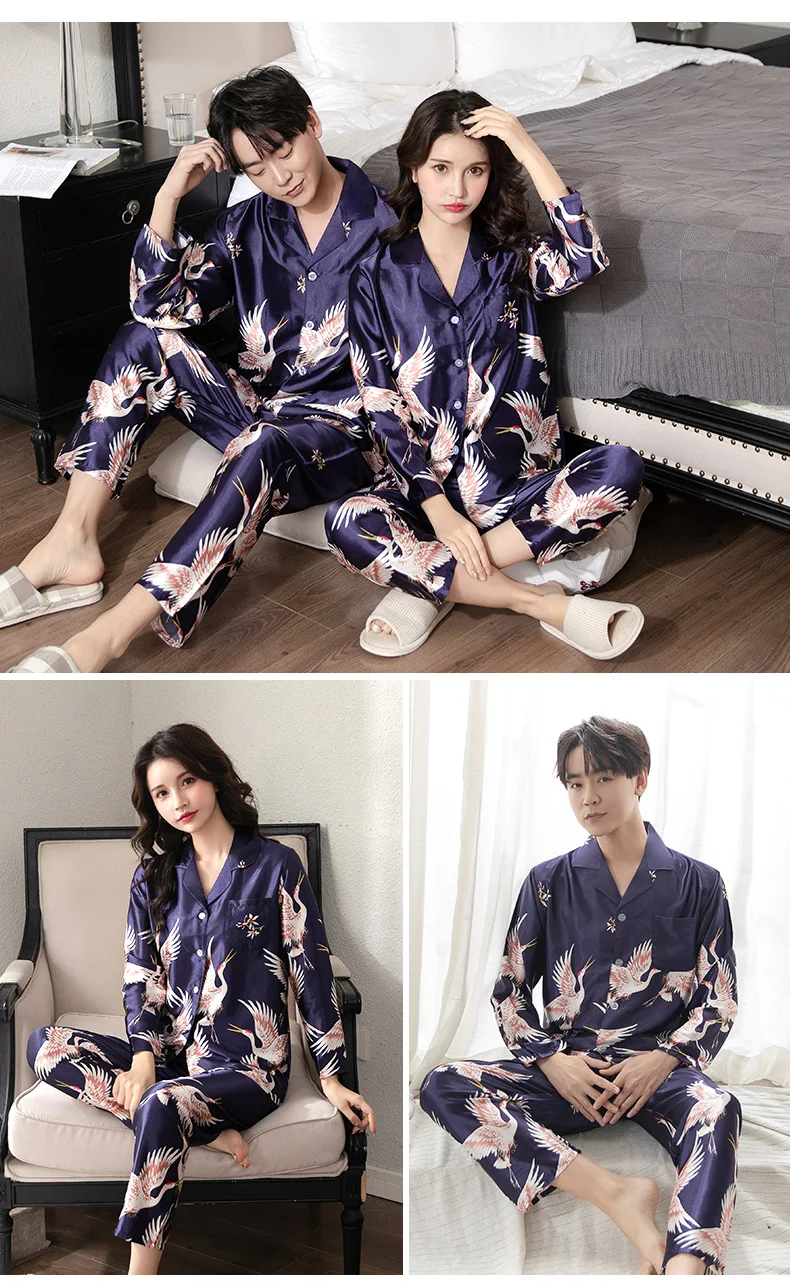 Lovers Ice Silk Men Pajamas 2pcs Fashion Summer Pajamas Set Casual Print Sleepwear Couples Home Clothes Long Sleeve Pyjamas men's loungewear sets