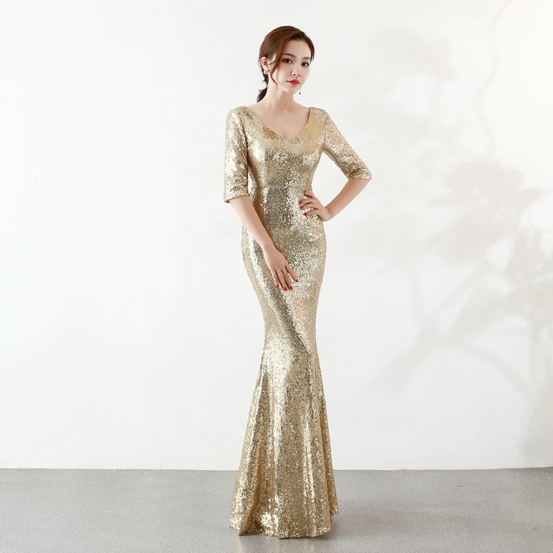 YIDINGZS вечернее серебристыми блестками Вечеринка платье Половина рукава Длинные вечерние платья YD16059 - Цвет: Золотой