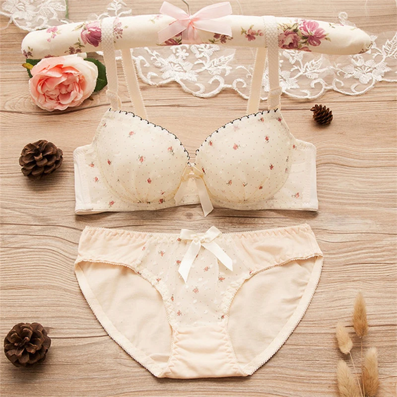 Kawaii Push Up Bra Sets Girl Cute Bow Floral Bra Summer Dot Small Fresh Comfortable Underwear 2022 plus size bra and panty sets Bra & Brief Sets