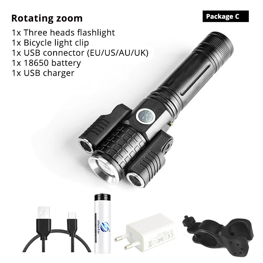Rotary zoom-C Велосипедный светильник с зарядкой от USB, 4 светильник, режим ing, супер яркий светодиодный светильник с тремя лампами, высокое качество, водонепроницаемые Аксессуары для велосипеда - Цвет: Rotary zoom-C