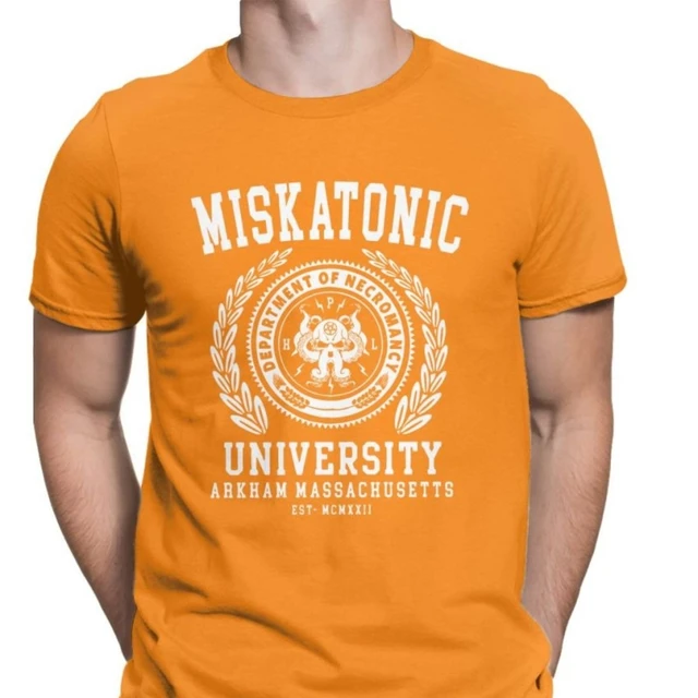 Cthulu And Lovecraft Miskatonic University Tee Shirt Men Call Of Cthulhu Necronomicon Funny Tees Crewneck Cotton Tops T Shirt Orange