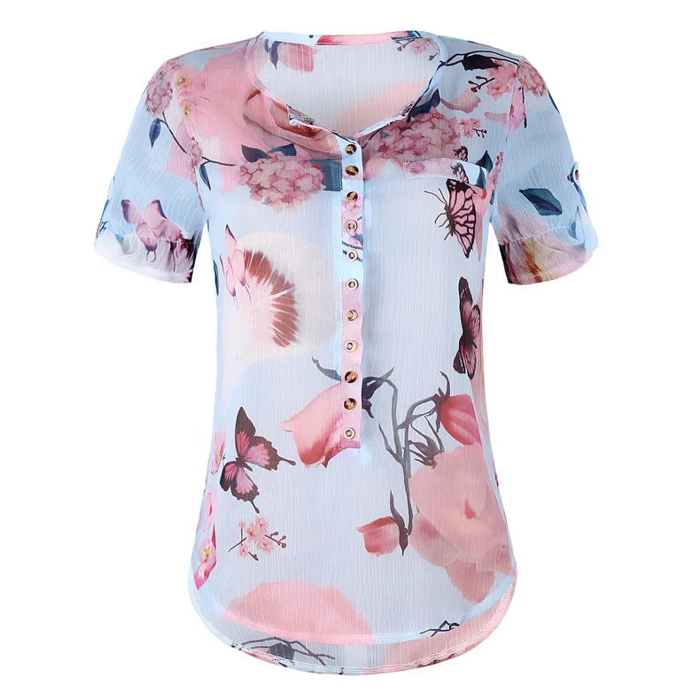 5XL, модные женские блузки, короткий рукав, Цветочная блузка,, кнопка, v-образный вырез, рубашка для девушек, рабочий Топ, Blusas Feminina Elegante размера плюс