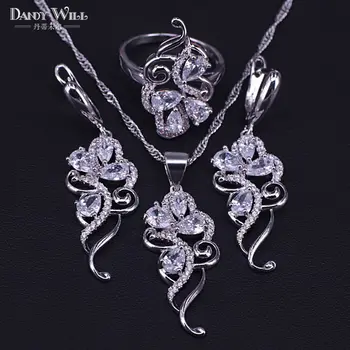 

women earrings ring pendant necklace Silver Color jewelry set white crystal &cubic zircon fashion jewelry best present