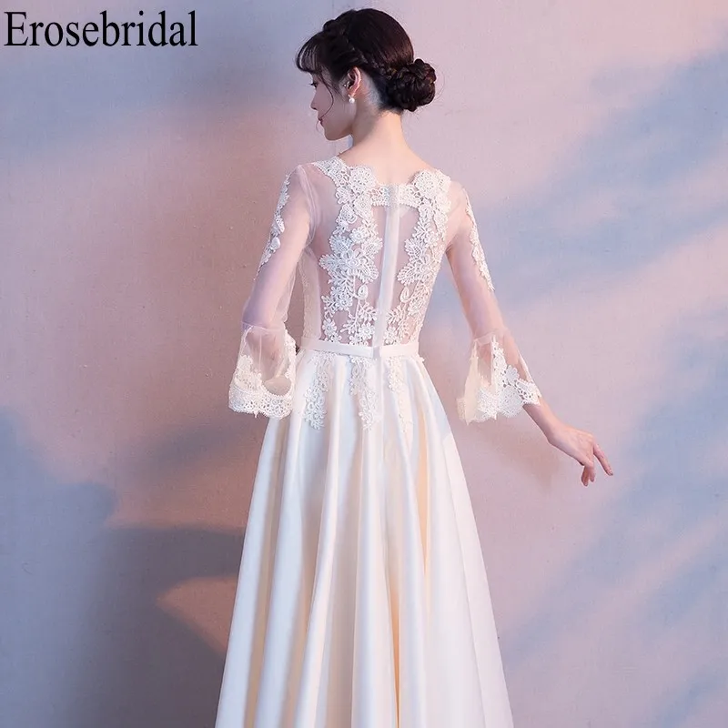Erosebridal вечернее платье с длинными рукавами, длинное,, ТРАПЕЦИЕВИДНОЕ, атласное платье, вечернее, иллюзионное, сзади, вечерние платья для женщин, халат soiree