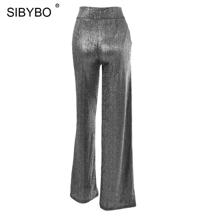 SIBYBO/блестящие повседневные брюки с высокой талией; женские модные свободные брюки с широкими штанинами; черные уличные зимние женские брюки