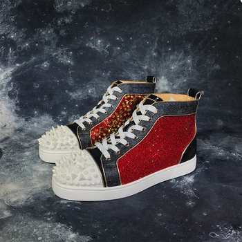 

Spike Toe Casual Shoes Men Mixed Color Glitter Rivets Mens Shoes Super Luxury Fashion Party Smoking Shoes Lace Up Sneakers Men